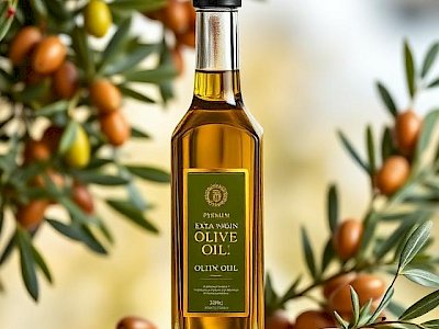 Flasche Oliven&ouml;l auf Holztisch