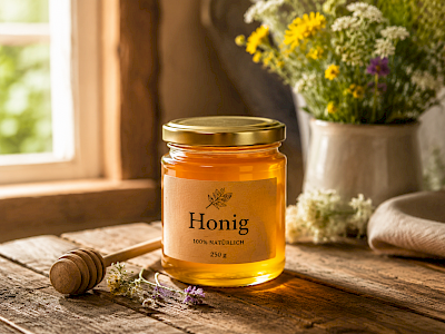 Honigglas mit Holzl&ouml;ffel